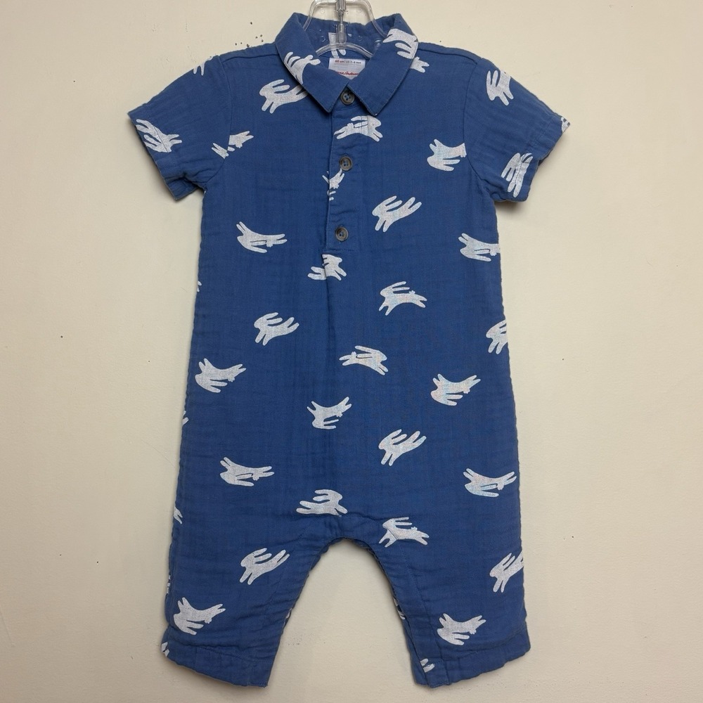Hanna Andersson 60 cm 3-6 M Short Sleeve Bunnies Rabbits Blue Romper Shorts